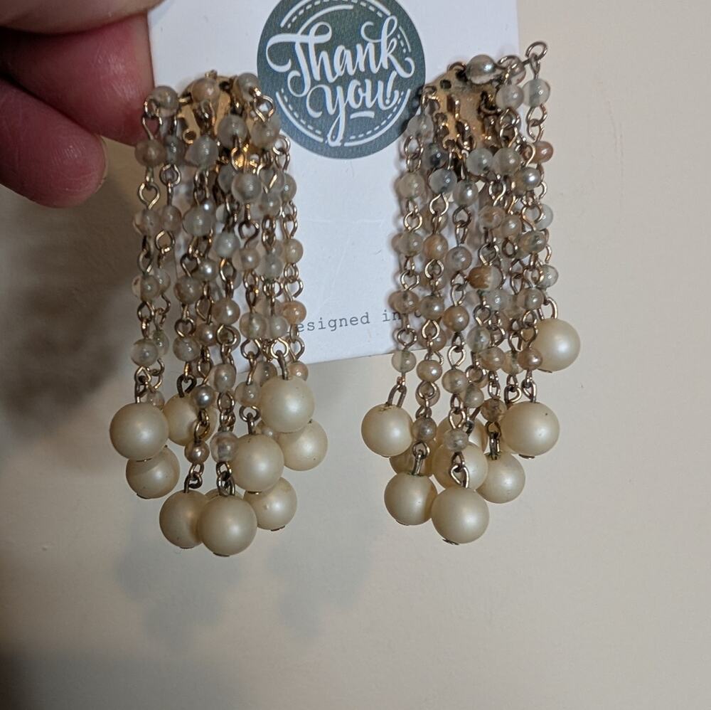 Classic Pearl Beaded Chandelier Clip-On Earrings Gold Tone Statement